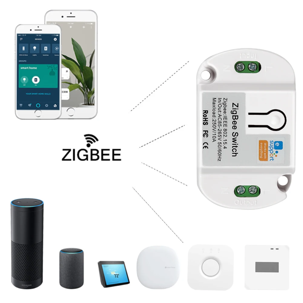 10A Zigbee Smart Switch Module 200W AC85-265V SmartThings APP Voice Remote Control Supported Compatible With Alexa