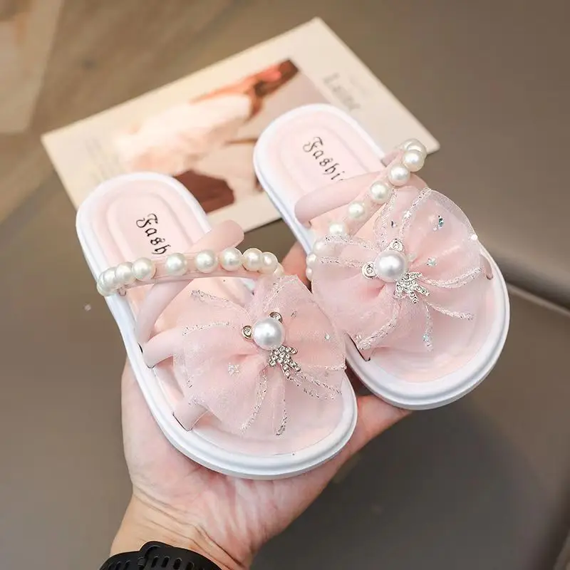 Summer Children's One Word Bow Flat Sole Sandal Girls Soft Sole Non Slip Slip-On Outdoor Slippers Princess Sandal