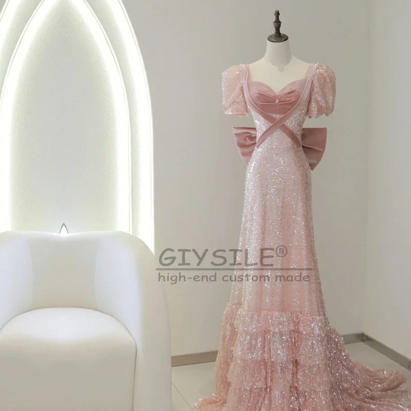 

GIYSILE Customized Pink Evening Dress Female 2025 New Fashion Luxury Square Collar Sequined Bow Short Sleeves Party Dresses