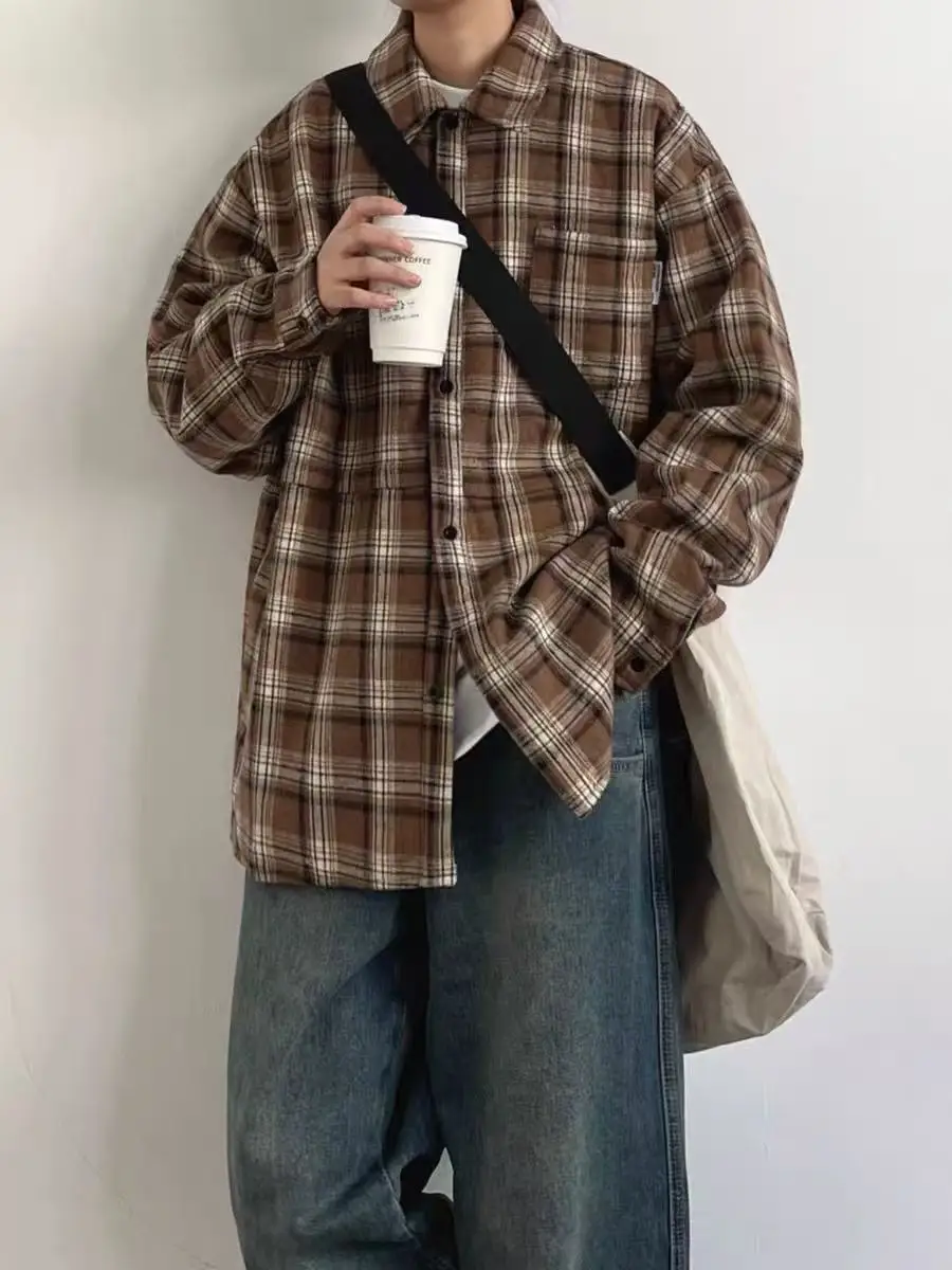 

Retro Japanese Sle Fce Lined Plaid irt Loose Long Sve Men's Autumn Winter College y Outerwear Warmth Youth Trend