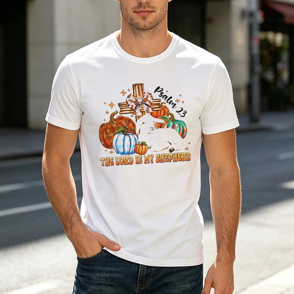 Psalm 23 The Lord Is My Shepherd Cute Lamb And Pumpkins Print Male T Shirt Fall Harvest Religious Graphic Tee