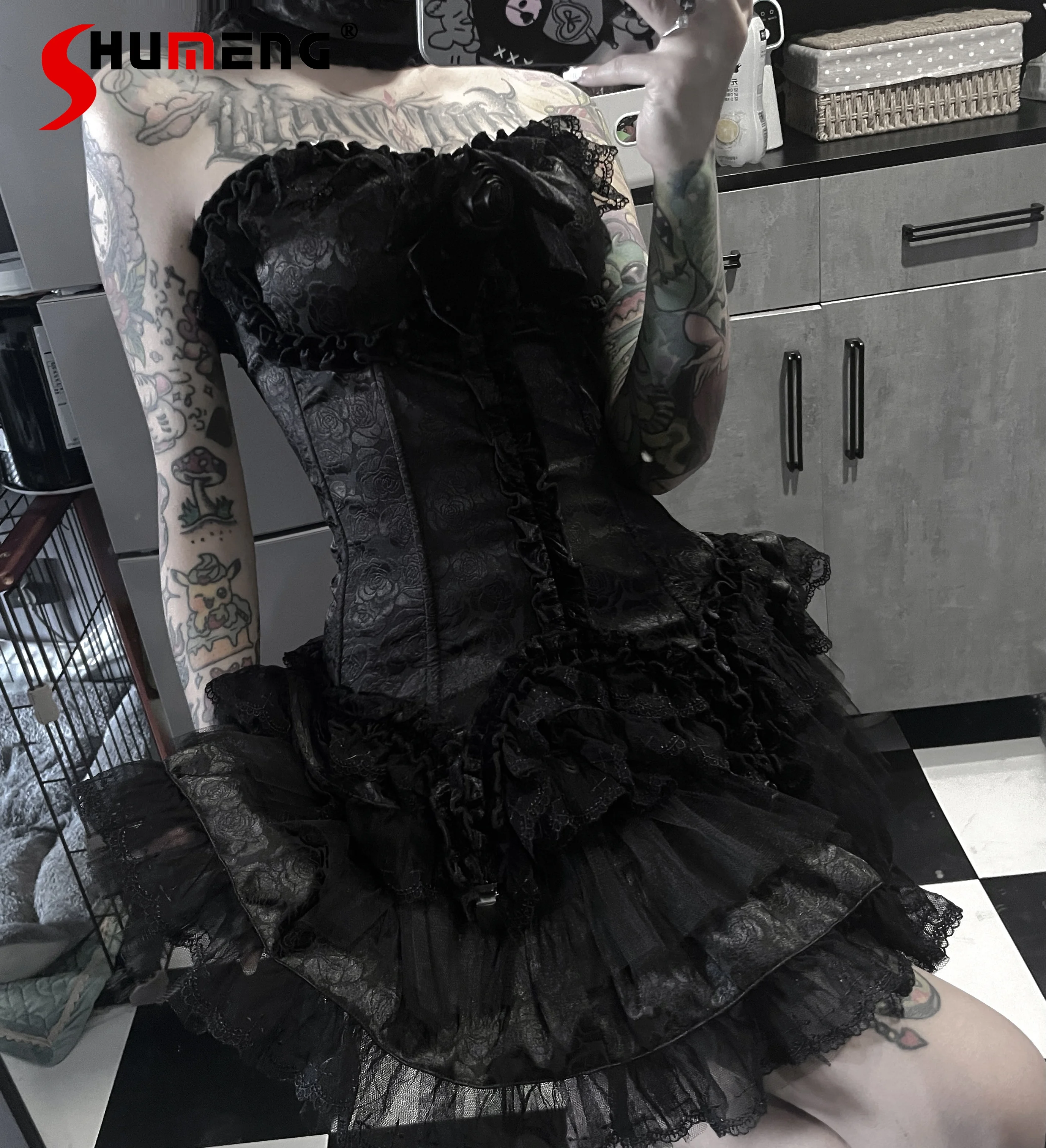 

Original Subculture Women's Goth Girdle Rose Lace Flower Corset Cake Skirt 2 Piece Set Girls Vintage Skirt Suits Slim Outfits