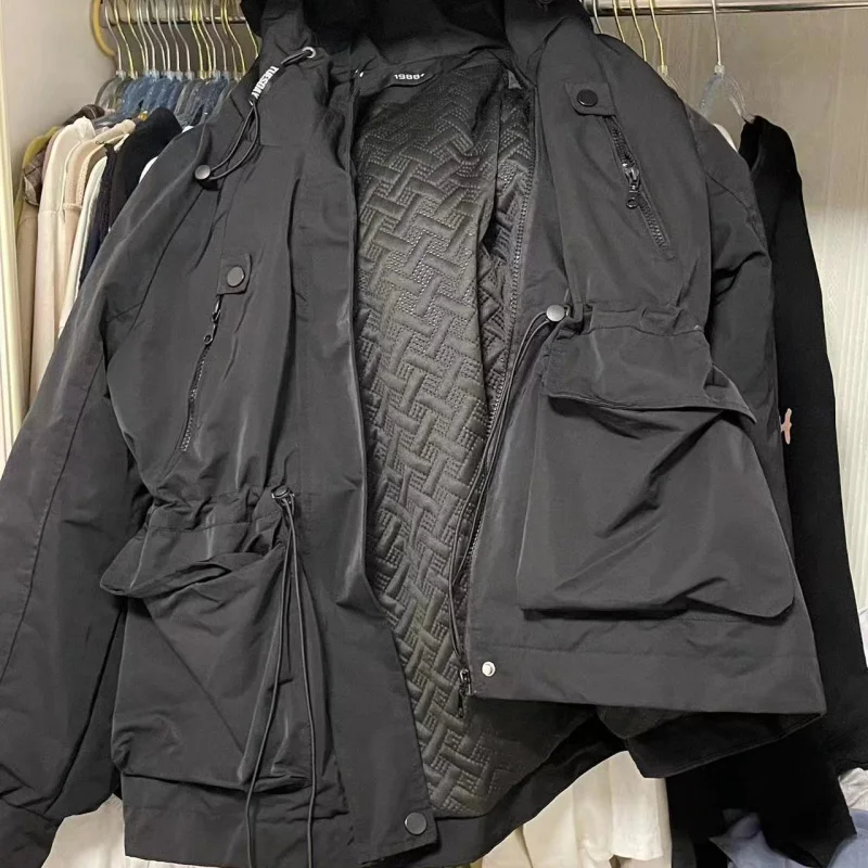 Große Wind jacke Jacken für Frauen 2024 dicke warme Schwerindustrie große Taschen Rackern Taillen mantel Frauen Jacke Streetwear