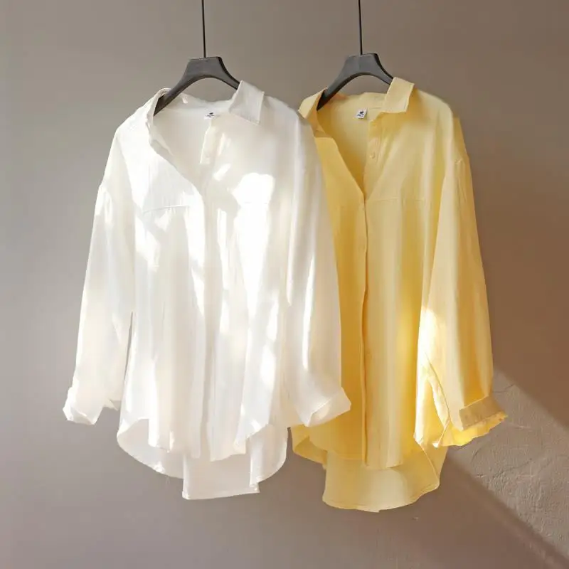 Long Sleeve Shirts with Shawl Women Korean Ins Fashion Simple Schoolgirls All-match Asymmetrical Chic Minimalist Autumn New