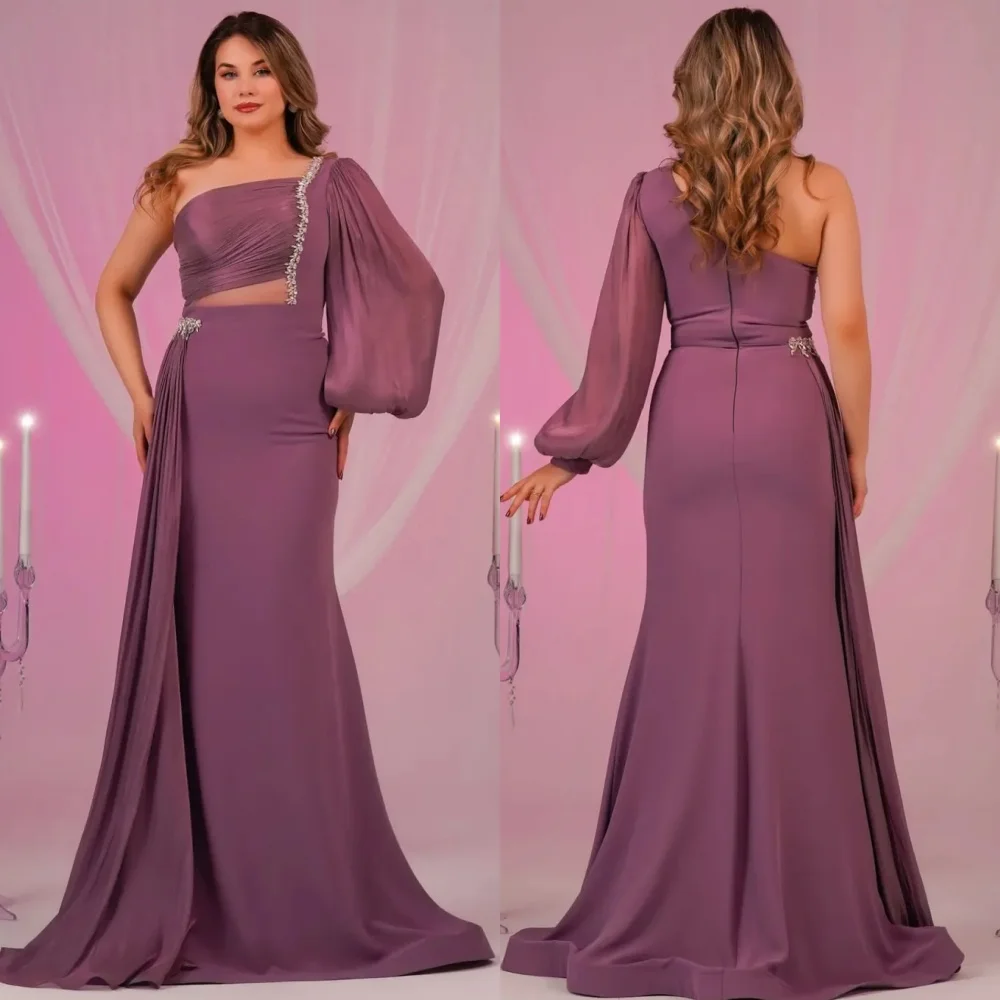 تخصيص الأزياء الكلاسيكية جيرسي حجر الراين Ruched حورية البحر واحد الكتف فساتين طويلة مخصصة فساتين المناسبات الحديثة نمط مثير