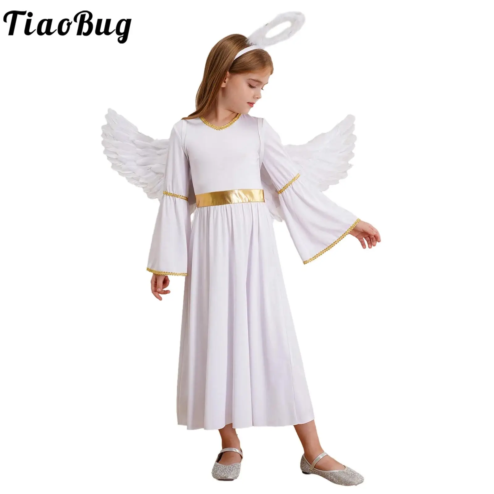 

Angel Costume for Girls Kids White Greek God Robe Halloween Cosplay Costumes Role Play Carnival Performance Dress with Wings Set