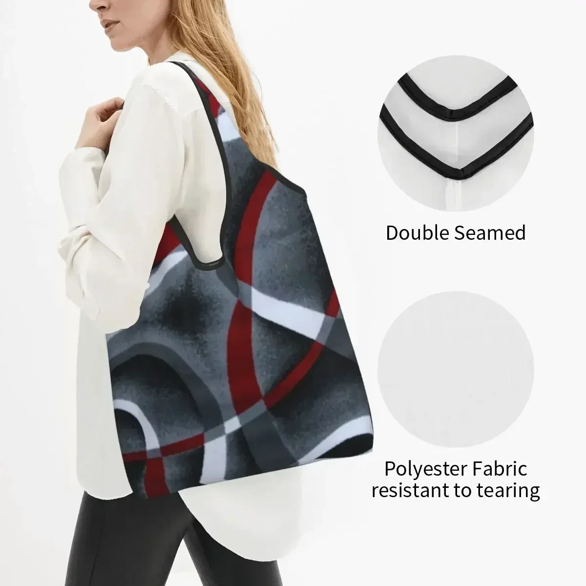 Modern Abstract Gray Red Swirls Shopping Bag Women Portable Big Capacity Groceries Colorful Texture Geometric Tote Shopper Bags