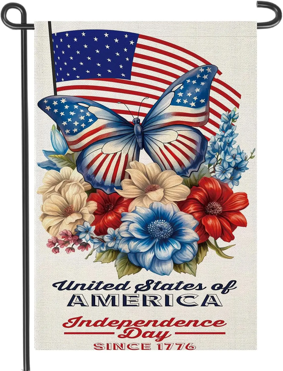 4th of July Memorial Day Garden Flag Flower Decoration Outdoor Patriotic Small 12x18 Inch Vertical Double Sided, Butterfly Flora