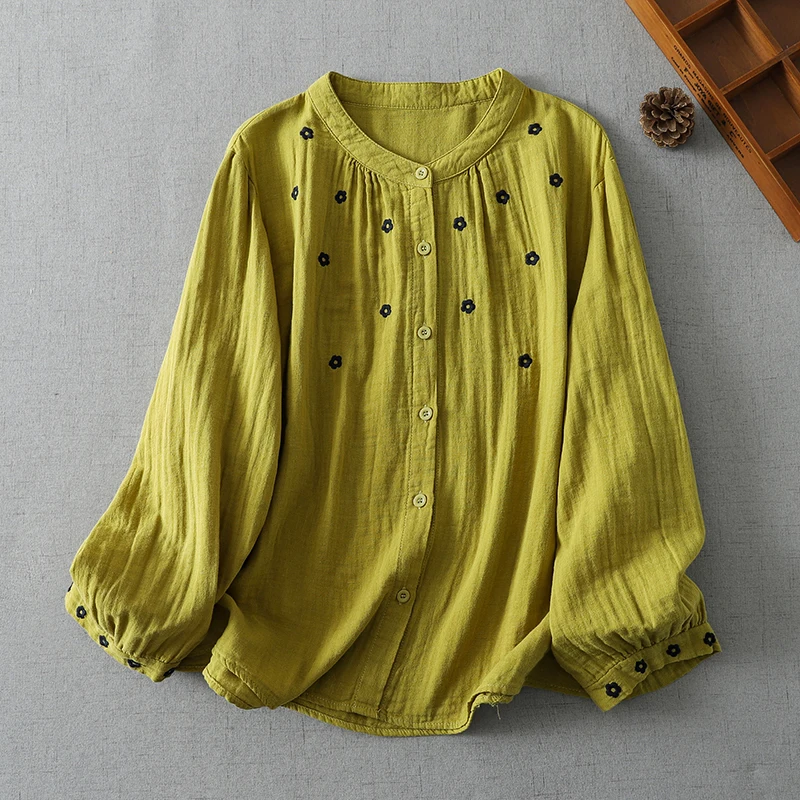 Retro Embroidered Linen Blend Shirt Women's Spring Mom Fashionable Stand Collar Cotton Linen Top Age Reduction Meat Concealment