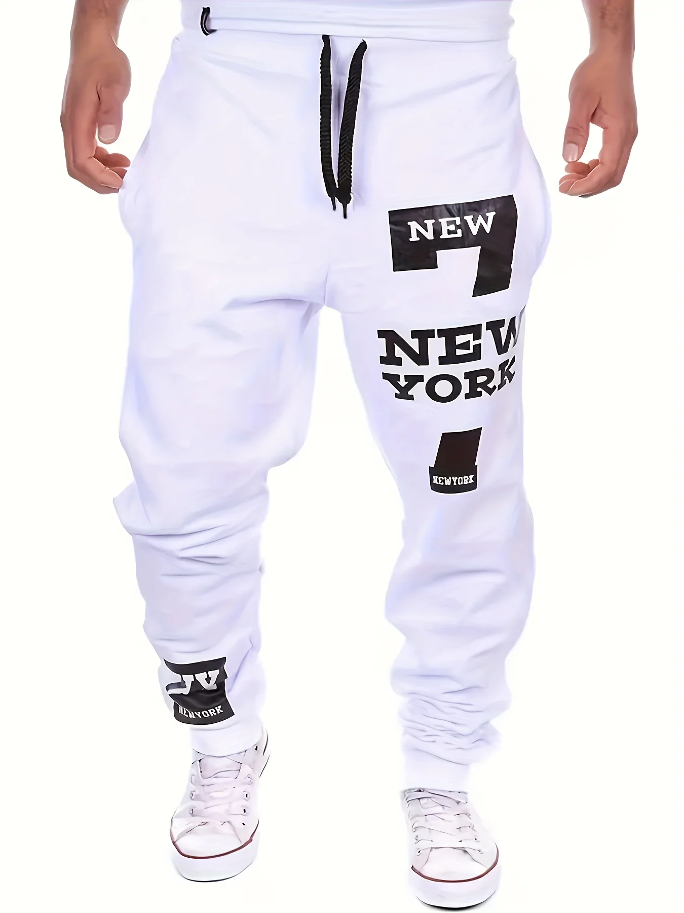 New York Block Letter Print Men Jogger Pants, Drawstring Waist, Loose Hip Hop Street Casual Sports Sweatpants