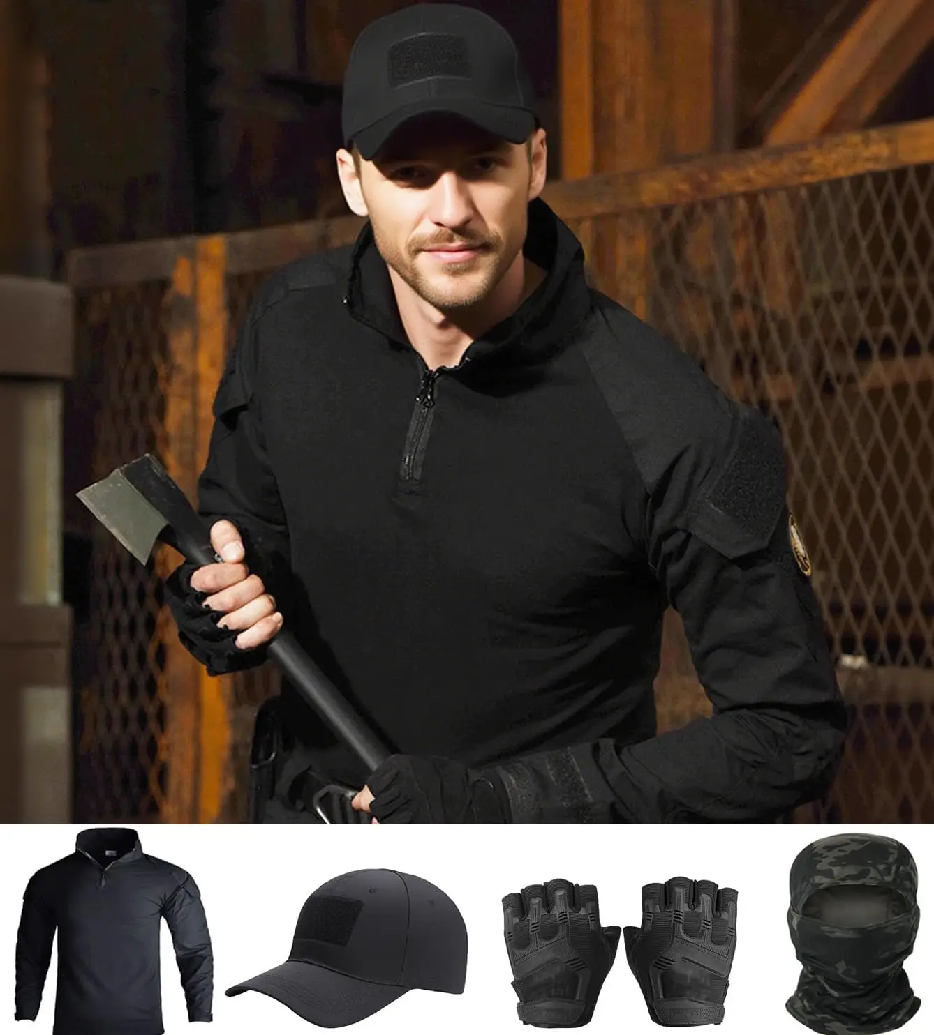 Men's Tactical Camo Shirt Set with Cap Gloves Balaclava Military Outdoor Airsoft Gear Shooting Paintball Hunting Combat Uniforms