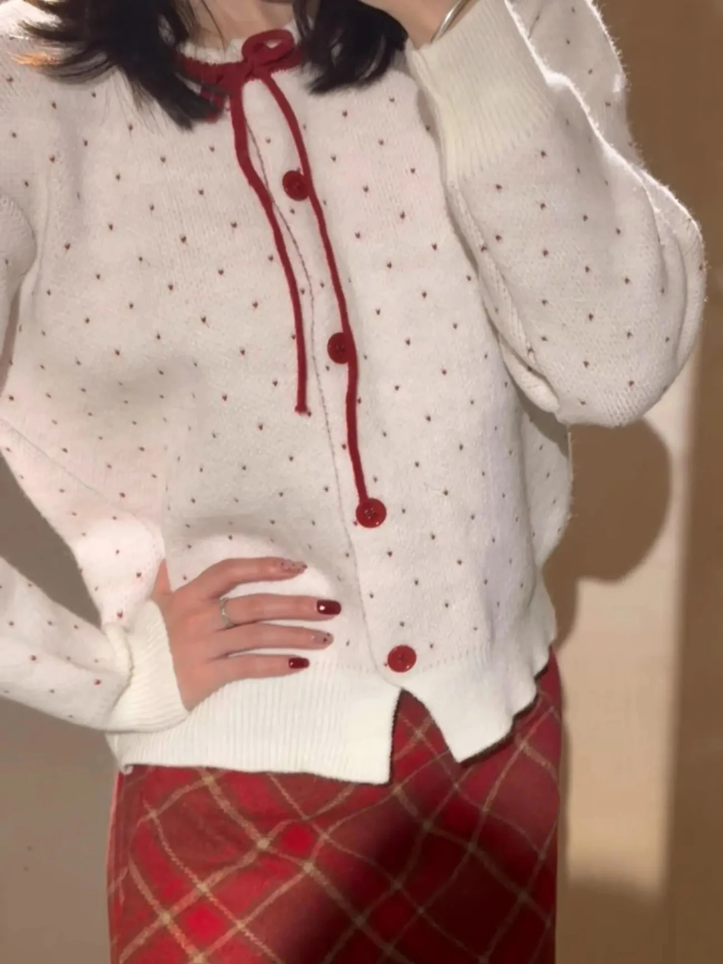 Spring Commute Faion Set Women's Cheered ort Skirt And Knitted Cardigan Date Outfit Red And White Polka Dot Design