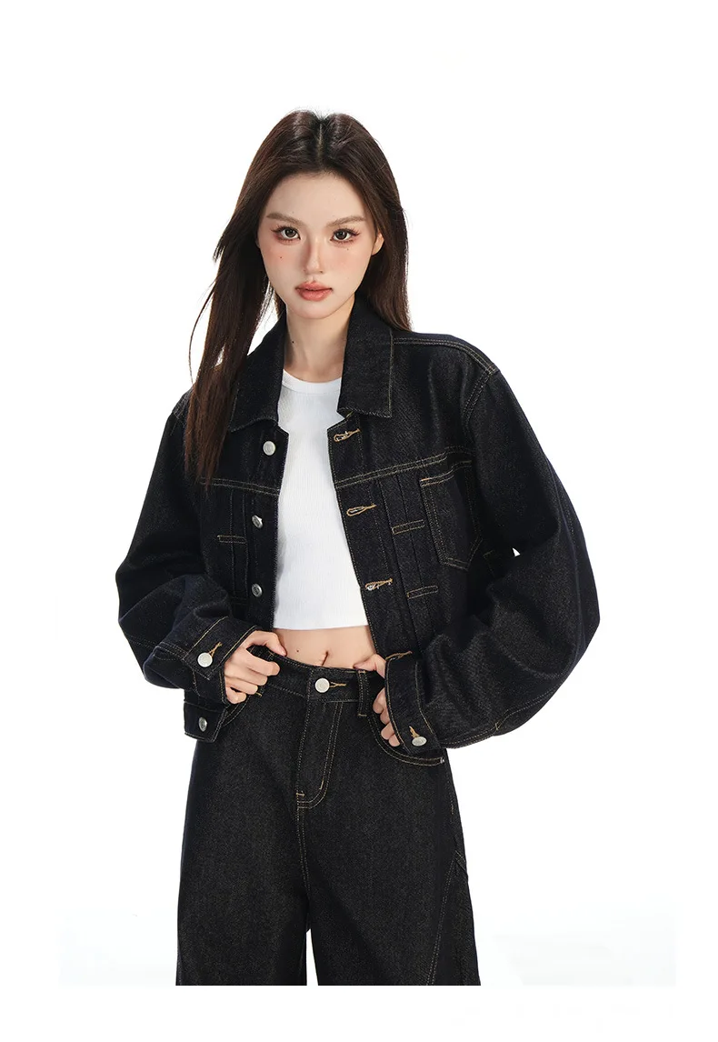 

Ретро-модная джинсовая куртка для женщин: укороченная модель для невысоких, новинка весны 2026, нелиняющая, глубокий синий цвет, универсальная куртка-топ