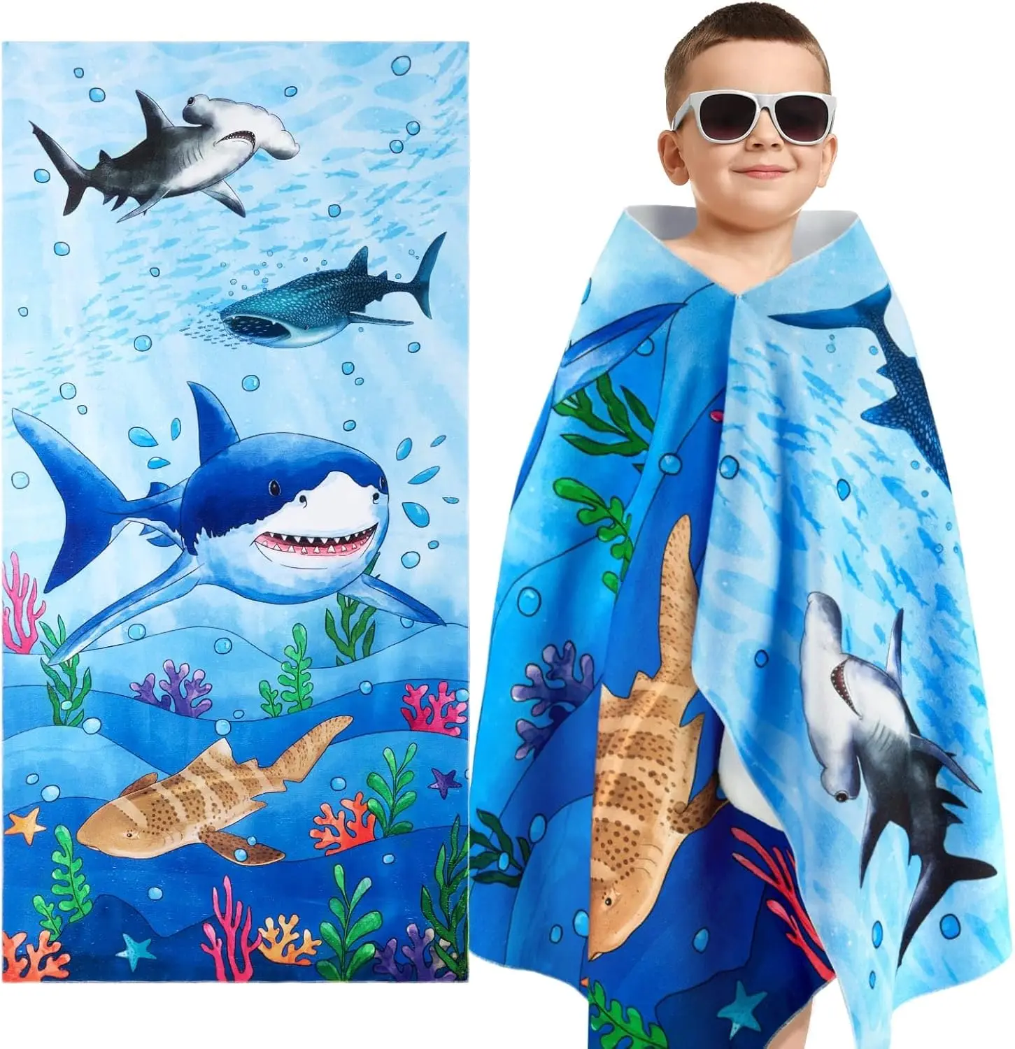 Cool Shark Beach Towel for Boys, Fierce Ocean Predator Art Quick-Dry Sand-Free Microfiber Bath Towel for Kids Pool and Travel