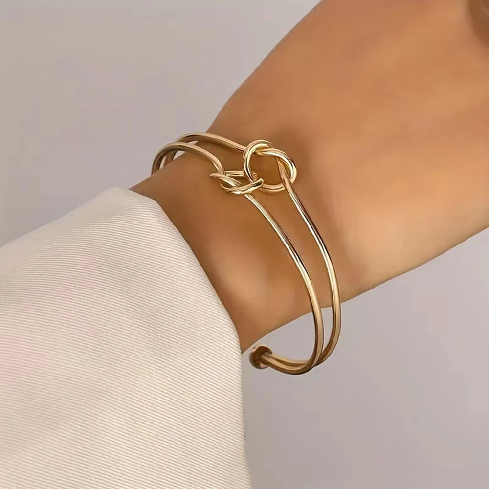 Trendy Round Circular Open Knot Double Heart Cuff Bangle Bracelets For Women Elegant Gold Color Jewelry Noeud Armband Pulseiras