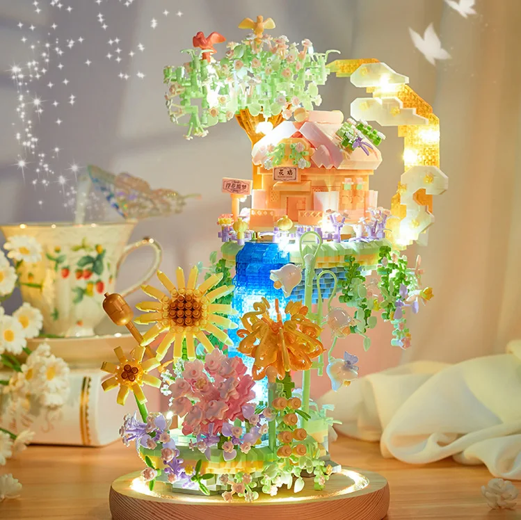 

Romantic Sky Flower House 3D Model Building Blocks Assembled DIY Eternal Flower Figure Mini Bricks Decor Toy For Noel Gift