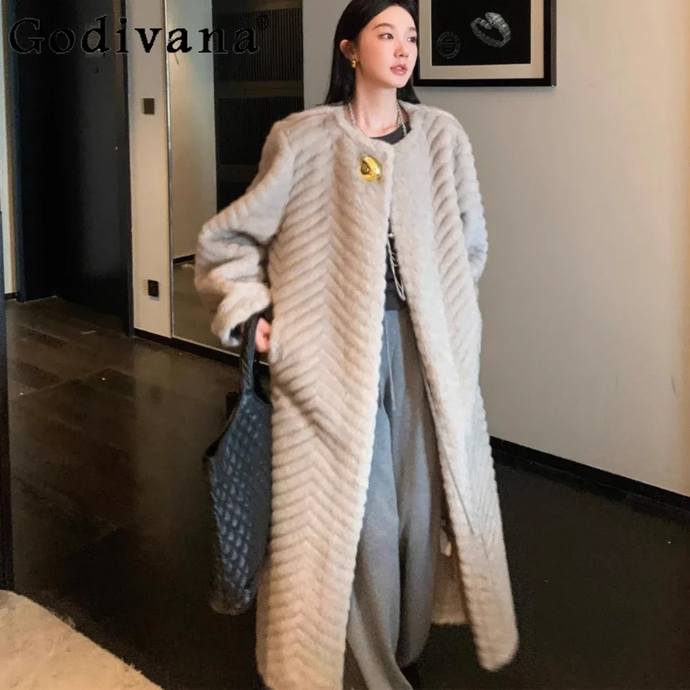 

Imitation Mink Hair Thickened Environmentally Friendly Faux Fur Coat Women's Winter Elegant Herringbone Pattern Fur Integrated