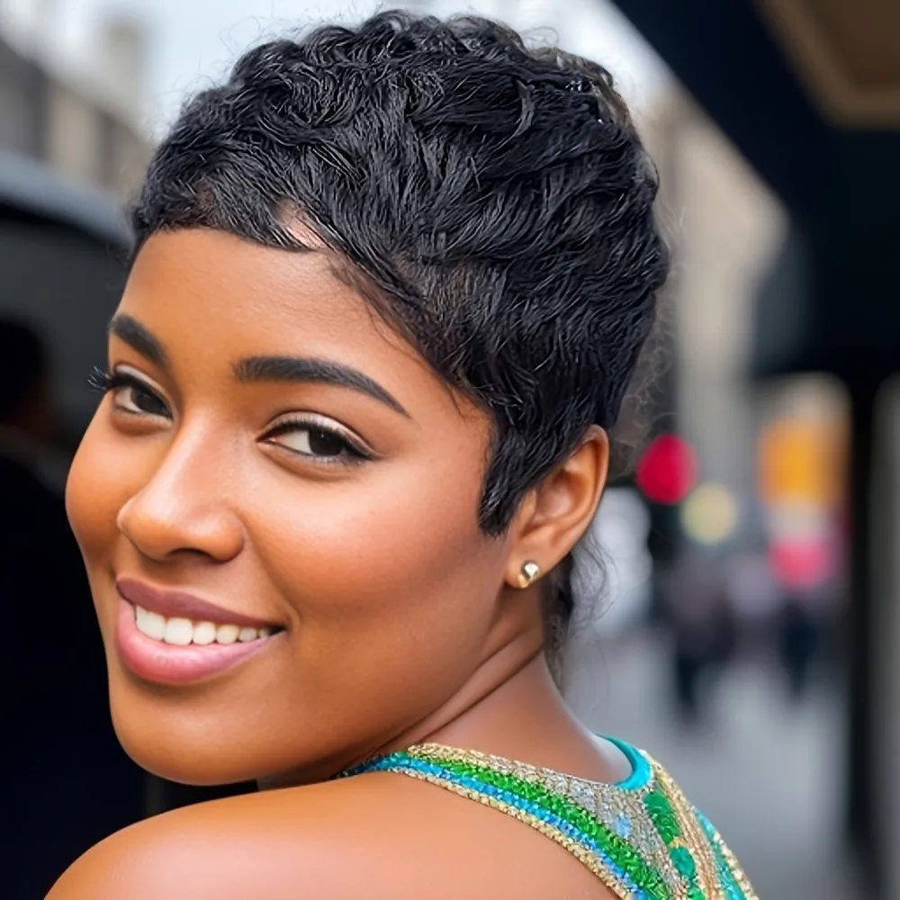 

4in machine made pixie layered wig human Wigs for Women Short Pixie Cut Hair Wigs 150% density Black Burgundy Brown Colors wig