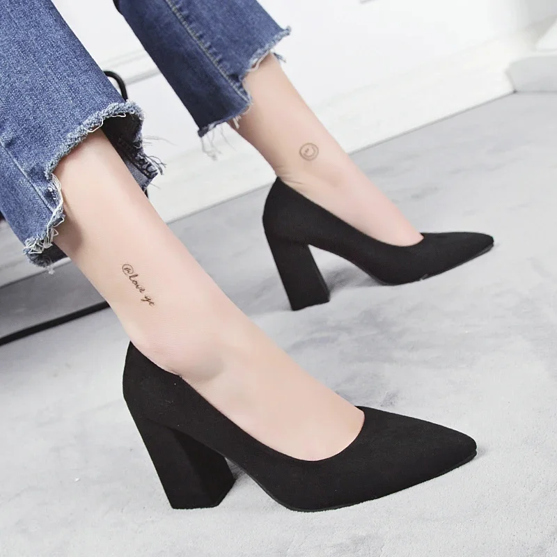 Black High Heels 2024 New Wild Work Shoe Pointed Shallow Mouth Suede Square Heel Single Shoes Fashion Comfort Womens Shoes Pumps