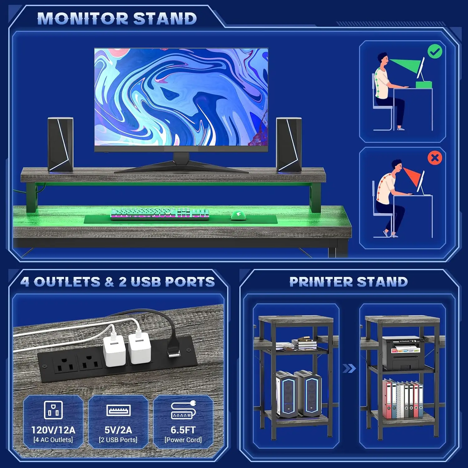 Unikito-bureau pour deux prêts hypothécaires, bureau d'ordinateur double avec lumière LED et prise de courant, avec support de moniteur et support d'imprimante