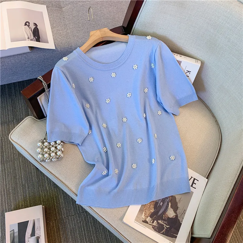 Plus Size L-4XL Beautiful Pearl Beaded Sweater Women Summer Short Sleeve Pullover Knitted Tops Female Free Shipping Clothing