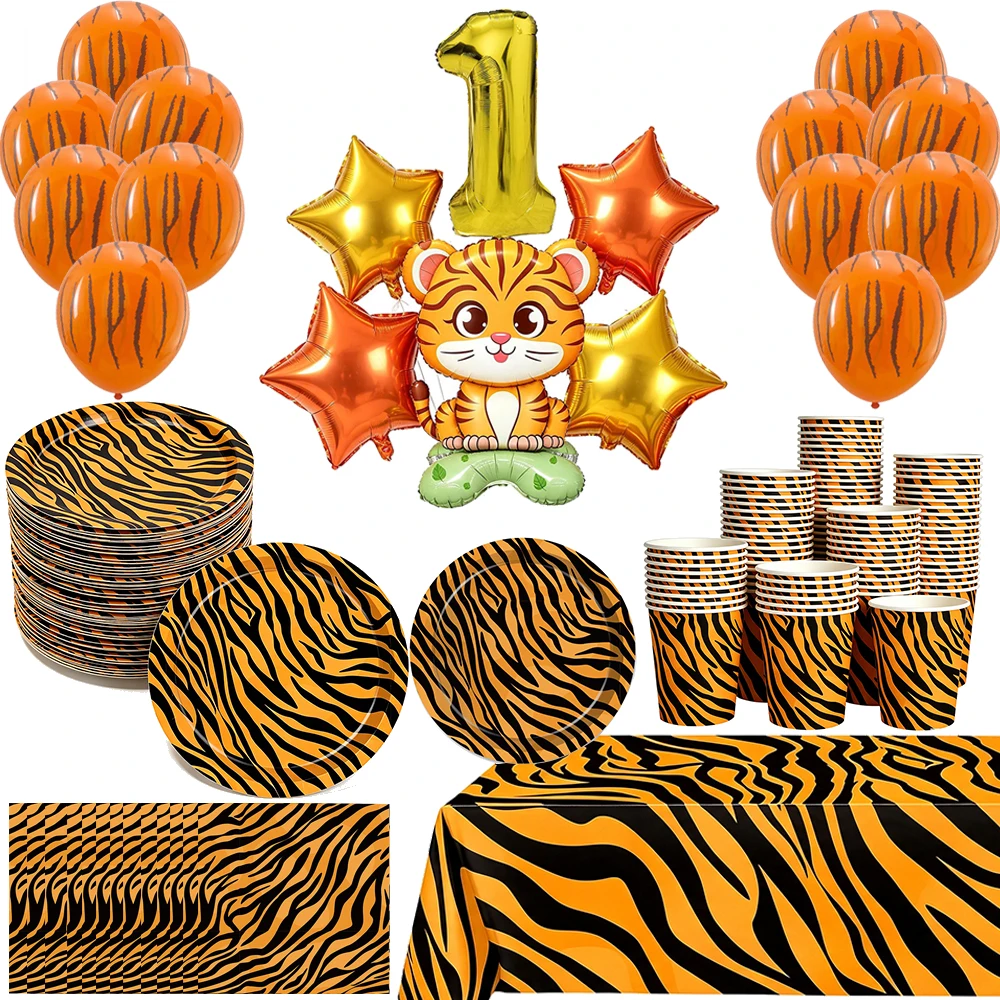 Tigerstreifen Dschungel-Party-Zubehör Einweg-Tischgeschirr Pappteller Becher Tischdecke Tiger-Ballon Wilde Tiere Safari-Party-Dekorationen
