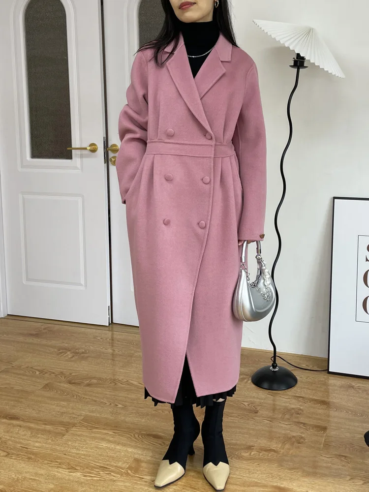 High-end Waist Pleated Double-sided Wool Coat Medium Long Women Loose Turn-down Collar Double Breasted Wool Coat Autumn Winter