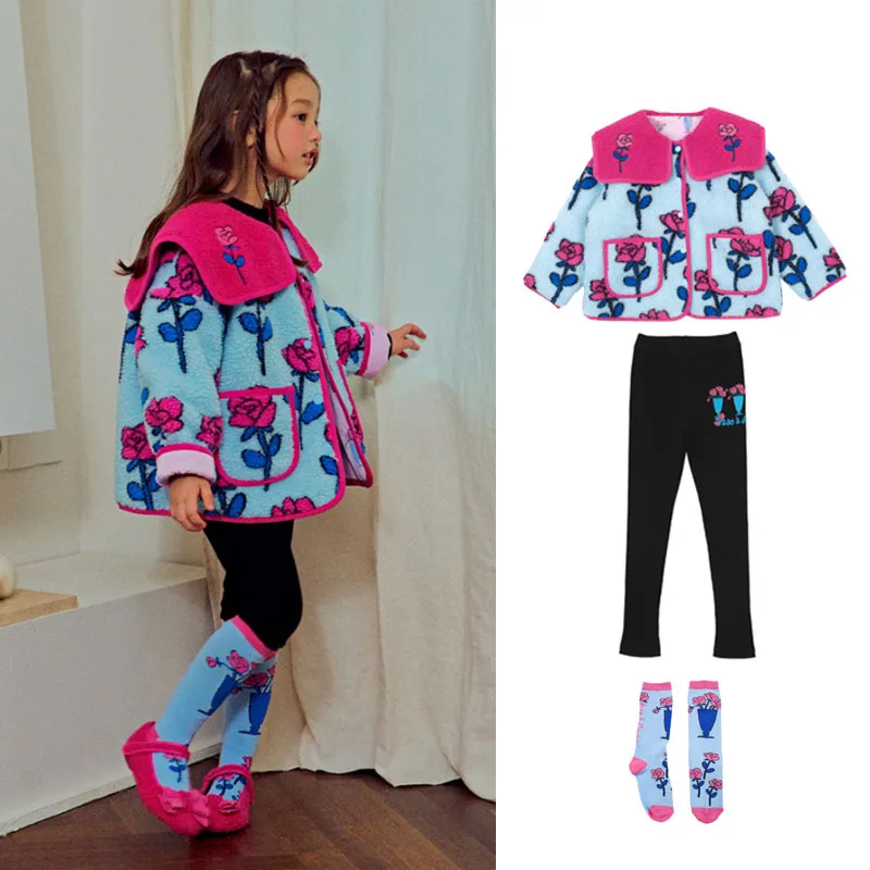 

Korean Teen Girls Winter Rose Printed Down Jackets 2025 New Autumn Clothes Outwear Coat Princess Dress Children's Clothings