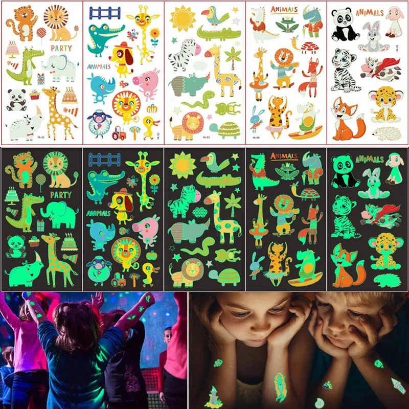 1-10Sets Luminous Cartoon Animal Temporary Tattoo Sticker Waterproof Cute New for Kids Party Favor Face Decal Gift Fun Body Art