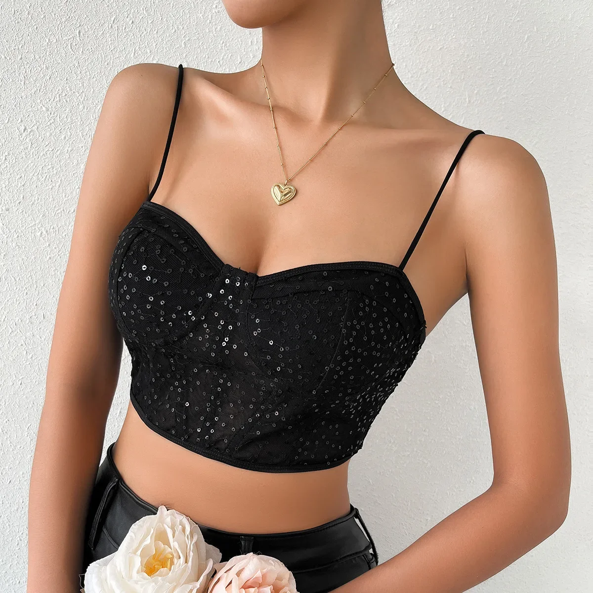 Womens Fashion y2k Tank Top Sleeveless Black Corset Tops Gauze Sequin Halter Bustier Sexy Slim Vest Back Buckle Camis Streetwear