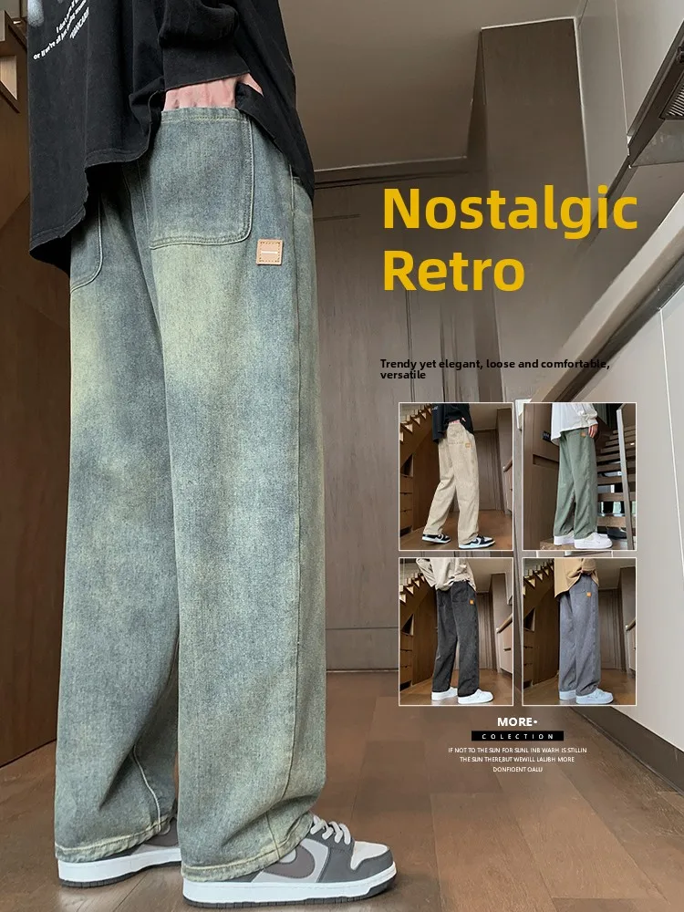 

Men's Straight Leg Jeans Belt Waist Workwear Loose Fit High Street Vibe Sle Casual Cotton Denim Jeans Autumn Seasonal Wear