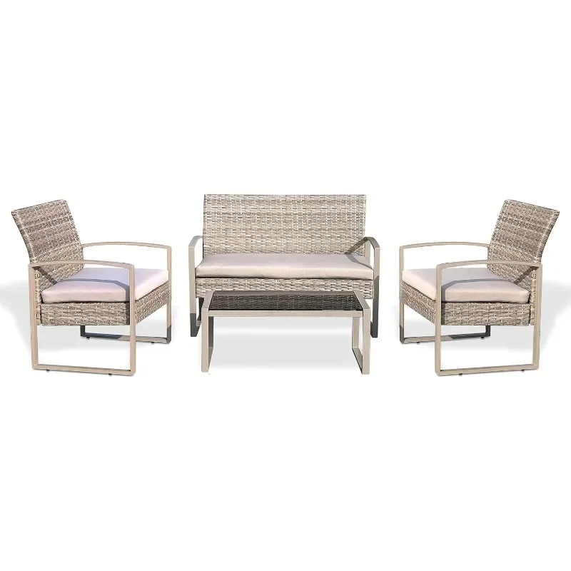 

4 Piece Conversation/Chat Set, Outdoor Living Rattan Furniture, Includes 1 Double & 2 Single Chairs with Cushion & 1 Glass-top