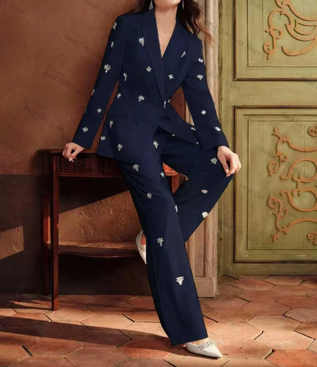 Luxuriöser Damen-Anzug-Set mit Kristallen, 2-teilig, Blazer + Hose, Hose, Perlen, formelle Büro-Damenjacke, maßgeschneiderter Hochzeitsmantel aus Baumwolle