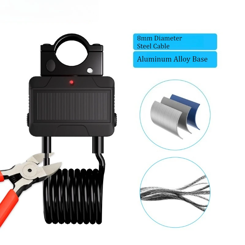 Solar Charging Anti-Cut Bike Lock, Bluetooth APP Control Anti-Theft Steel Cable Smart Lock for Bicycle & Electric Vehicle