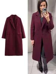 Vintage Women's Burgundy Red Windbreaker Lapel Double Breasted Long Coat 2024 Winter Woman New In Outerwear Streetwear