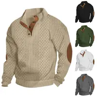 Men's Waffle Knit Quarter Zip Pullover with Contrast Trim and Elbow Patches Casual Long Sleeve Sweater