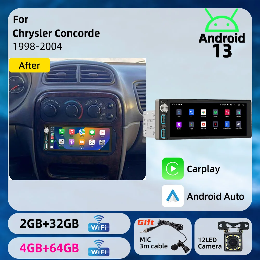Radio de Coche 1 Din para Chrysler Concorde 1998-2004, Estéreo Inalámbrico Carplay, Unidad Principal Multimedia Android de 6.86 Pulgadas, Autoradio con GPS