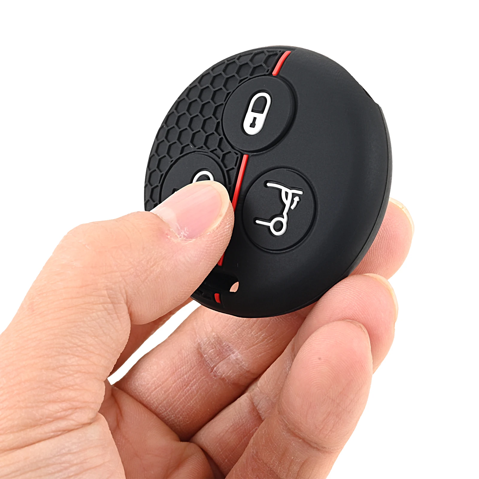 

1PC Silicone Round Car Key Fob Cover Case Holder 3 Buttons for Mercedes Benz Smart City Roadster Fortwo Black with Red/blue Line
