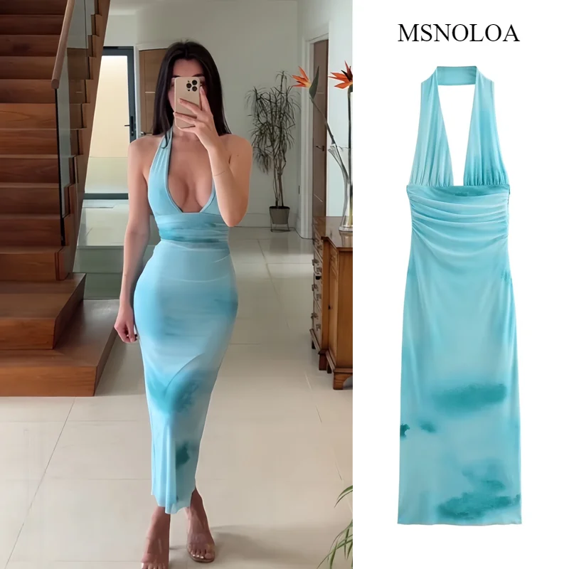 MSNOLOA2024 ผู้หญิงฤดูร้อนSlim Tie-Dye Gradientชุดเซ็กซี่Backlessผู้หญิงพับElegantคอ-ติดตั้งSlimชุดยาว