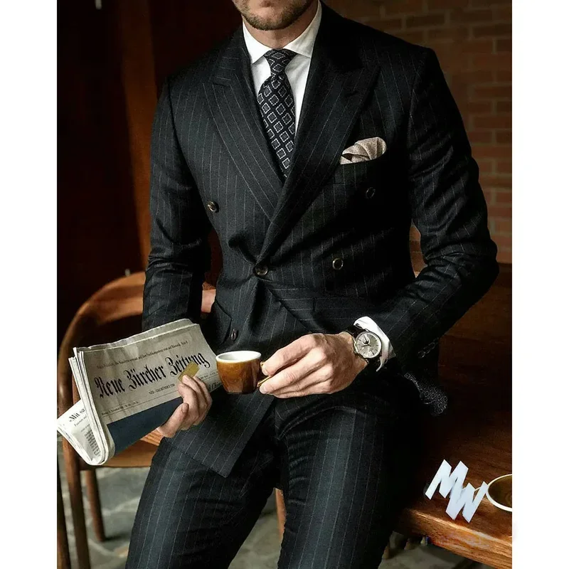 2 Piece Luxury Black Men Suits Regular Length Double Breasted Peak Lapel Flat Front  Jacket Pants Elegant Male Clothing Terno