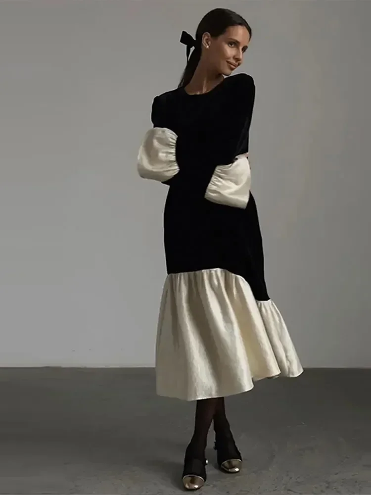 

Women's 2026 Fashion O-neck Patchwork Loose Mermaid Dress Autumn Spring Solid Flare Sleeve Temperament Dresses Female Streetwear