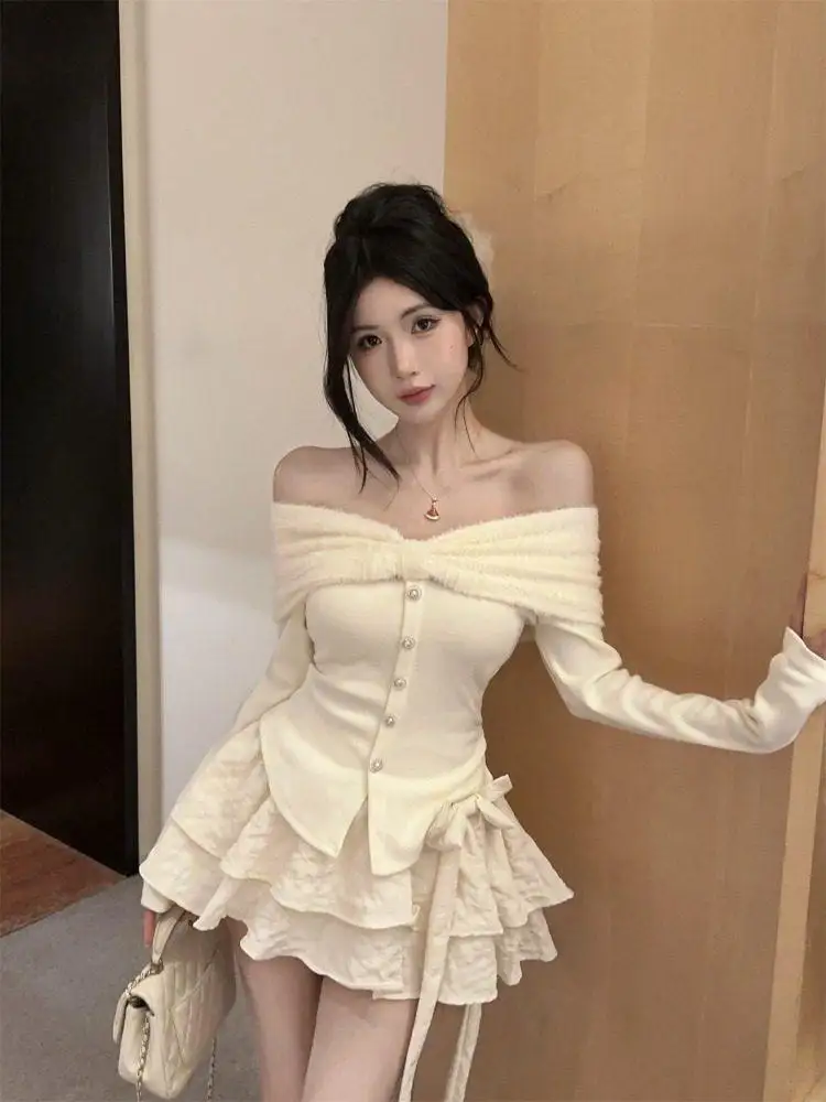 

Женская базовая блузка в французском стиле Pure Desire Sweet Spicy Girl, плюшевая, с длинными рукавами, с открытыми плечами, облегающая, осенне-зимняя