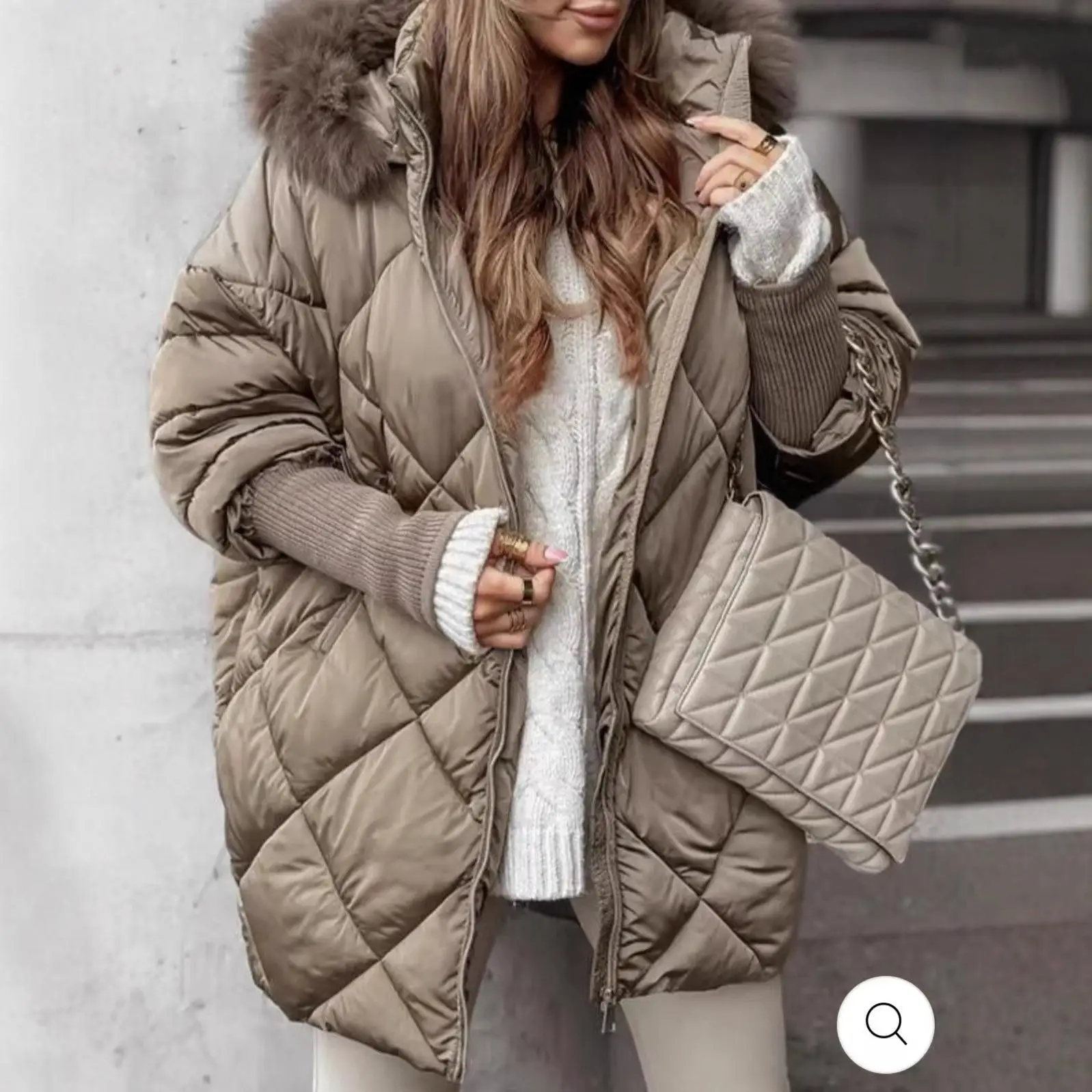 

Ele Hooded Coat with Fur Collar Thiened Cotton Women's Outerwear Long Sve Winter Cardigan Cross-Border Jaet