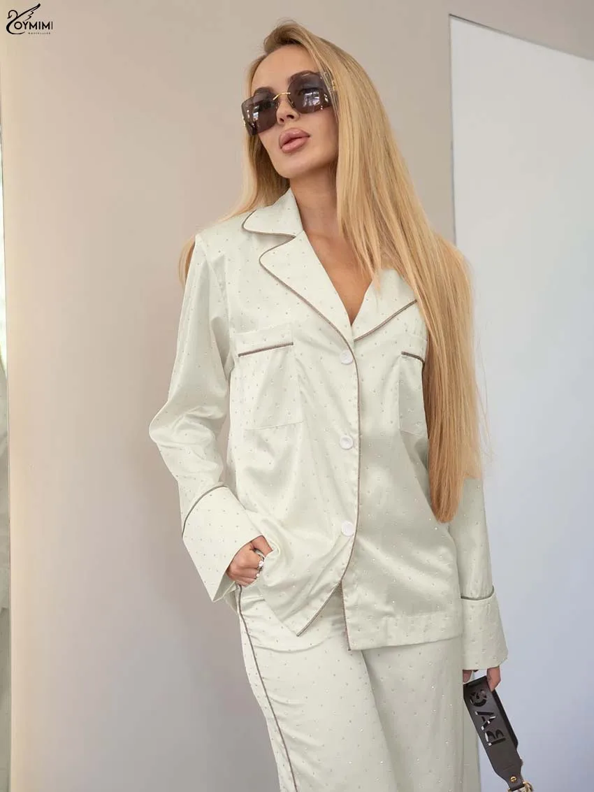 Oymimi Casual Light Yellow 2 Piece Sets Woman Outfits Fashion Patchwork Long Sleeve Pockets Shirts And Straight Trousers Sets