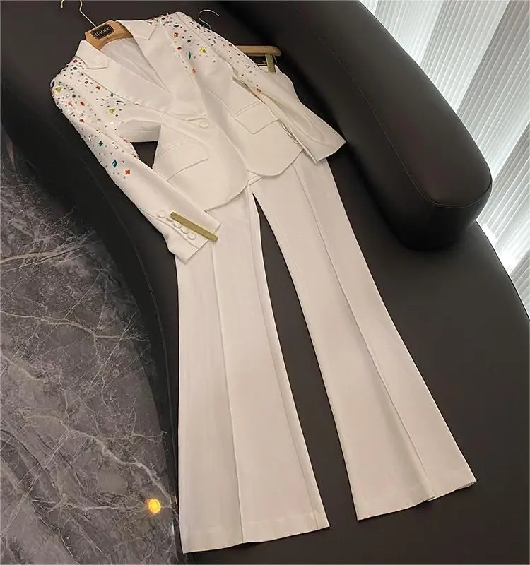 2023 Autumn Winter Colorful Rhinestone Beads Lady Office Suit Long Sleeve Single Button Blazer Flared Pants Women Solid 2Pcs