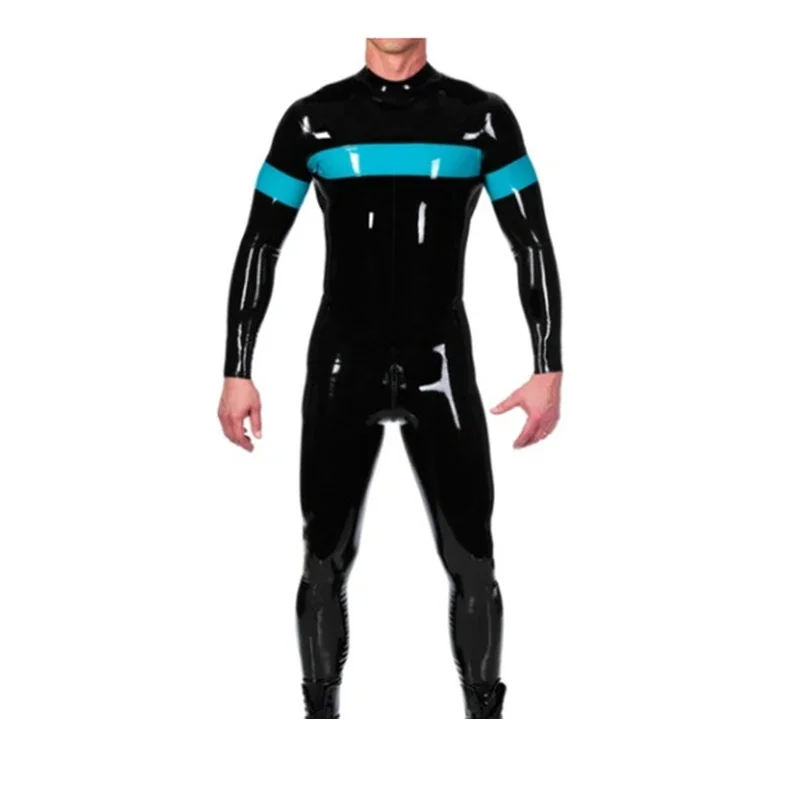 Catsuit de látex con cremallera trasera, negro con azul lago, para hombre, mono de goma hecho a mano