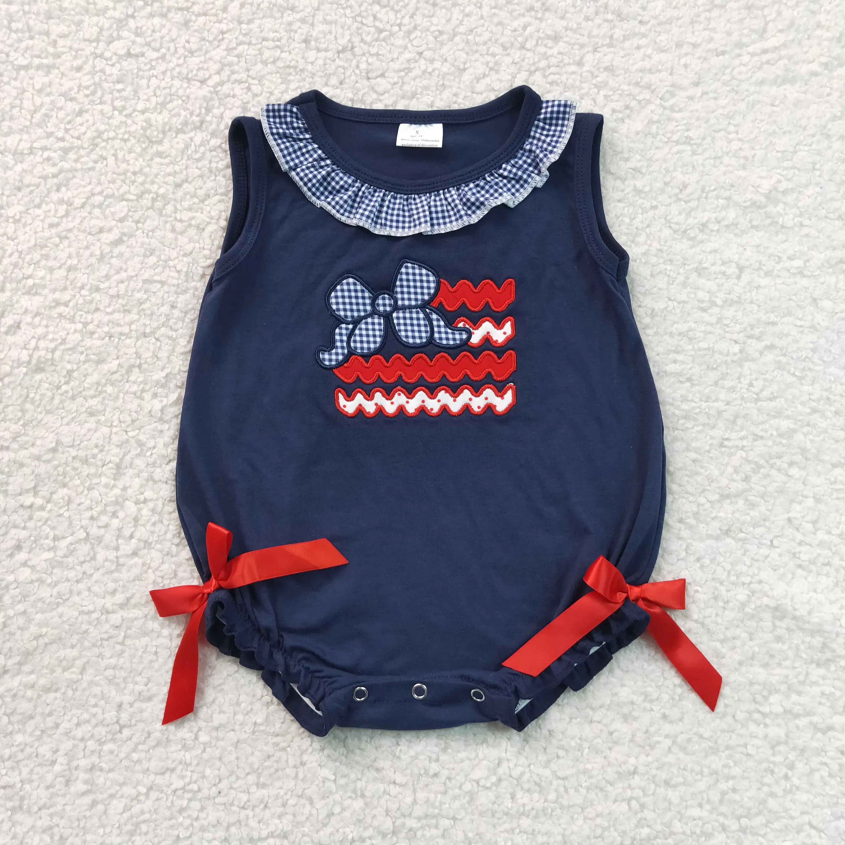 Wholesale Toddler Girls July 4th Newborn Children Clothes Embroidery Bows Cotton Overall Baby Girl Infant Navy Bubble Romper