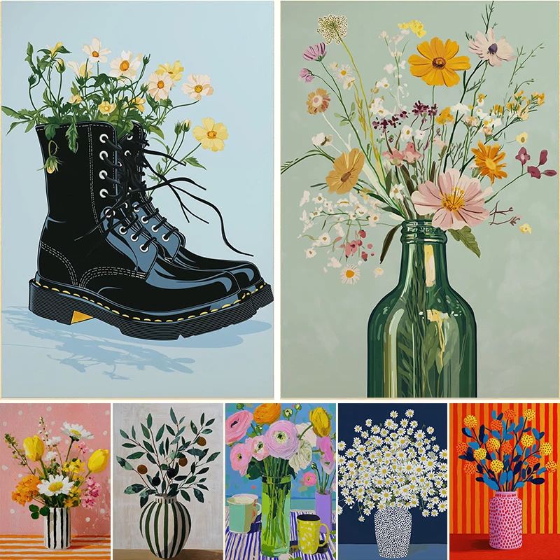 1pc frameless Black Boot Floral Poster Print Pastel Blue Maximalist Wall Art Canvas Painting Colorful Vase Picture for Home Deco