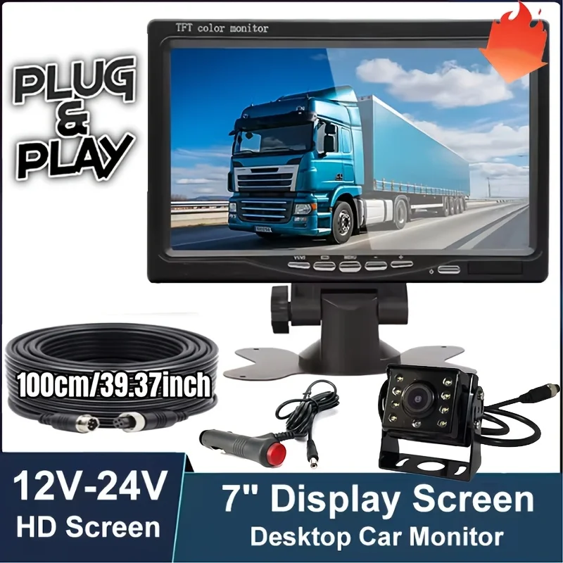7 Inch Car Monitor with 8LED Heavy Duty Truck Camera - Universal 4Pin Plug and Play, Wide Angle Includes 10m/32.8ft Video Cable