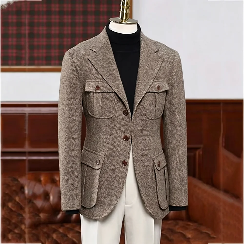 Vintage Herringbone Men's Suit(Blazer+Pants) Single Breasted Multi Pocket Notch Lapel Business Casual Autumn Winter Daily Wear